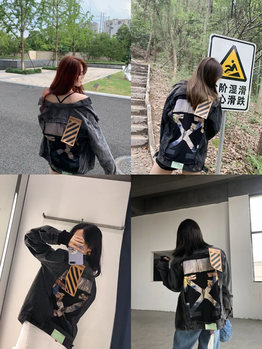 ♻️💯Upper body reference model picture❤️Top tested version Off-White Spanish order King of high street jacket Dream splash OW exclusive powerful wash Exclusive limited series denim jacket Autumn and winter debut! High-end ink printing/gradient flame printing and dyeing process. Stitching oil painting denim jacket. Classic oil painting arrows, Monet's works, once again combined with art, "Claude Monet painting on his Boat" is a masterpiece that is perfectly combined with OW's iconic arrow logo. It has a prominent sign, the splicing of denim and sweatshirts, and the layering effect, which is high-street and eye-catching. The fabric is customized according to YB, heavy-weight washed cotton washed cloth, more than 10 processes of continuous washing and stone grinding, the color and texture are very textured, a full set of accessories are customized, the highest quality original hardware, original kraft paper stripe labeling, accept all challenges of the same version! Couple style washed ripped denim jacket! Of Whi2019's first autumn new single, with dreamy splash-ink printing and dyeing techniques, and classic hole-washed design, the official price is 11,000 yuan. The painting style is a bit like an artist's oil painting, giving people a unique and retro artistic atmosphere. The upper body is full of coolness, with a strong sense of high street, very yuppie! The gradient design all over the denim jacket is very clever and just the right touch! Off-White's first show series, you can imagine its matching magic, and in the streets of autumn and winter, denim is always indispensable. It is exclusively sold, with great value for money and ready to be shipped in seconds! The most classic denim jacket style, heavy washed and distressed craftsmanship, Manet's portrait, a tribute to Impressionism! Heavy washing gives the denim the strongest texture! Quality items are a must buy!  Derived from Off-White's classic elements, the most classic OW denim version, "IMPRESSIONISM" is a specially stylized item that pays homage to Impressionism with Manet's portraits and oil paintings. The large print on the back is Manet's signature One of the table oil paintings, it has a vintage effect. The color scheme is gray and white retro oil painting, pink Slogan and footnotes. It is very eye-catching (semi-finished products imported from Conley digital directly touch, super shocking) high weight and thick cotton denim, full hardware mold opening, super heavy work! Several washing and distressing processes before and after give the black denim a super retro texture! Pair the oversized silhouette with short sleeves or a sweatshirt to make you invincible and walk with wind!  Size chart